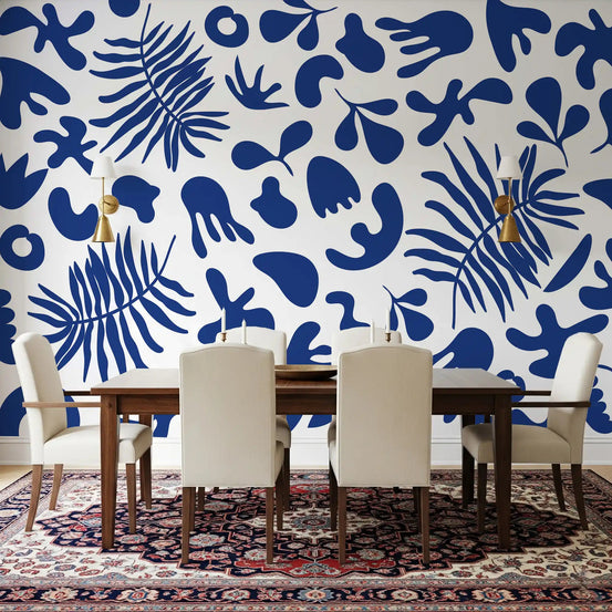 Blue Clipped Garden wall mural in dining room with bold botanical cutout pattern, GD9315