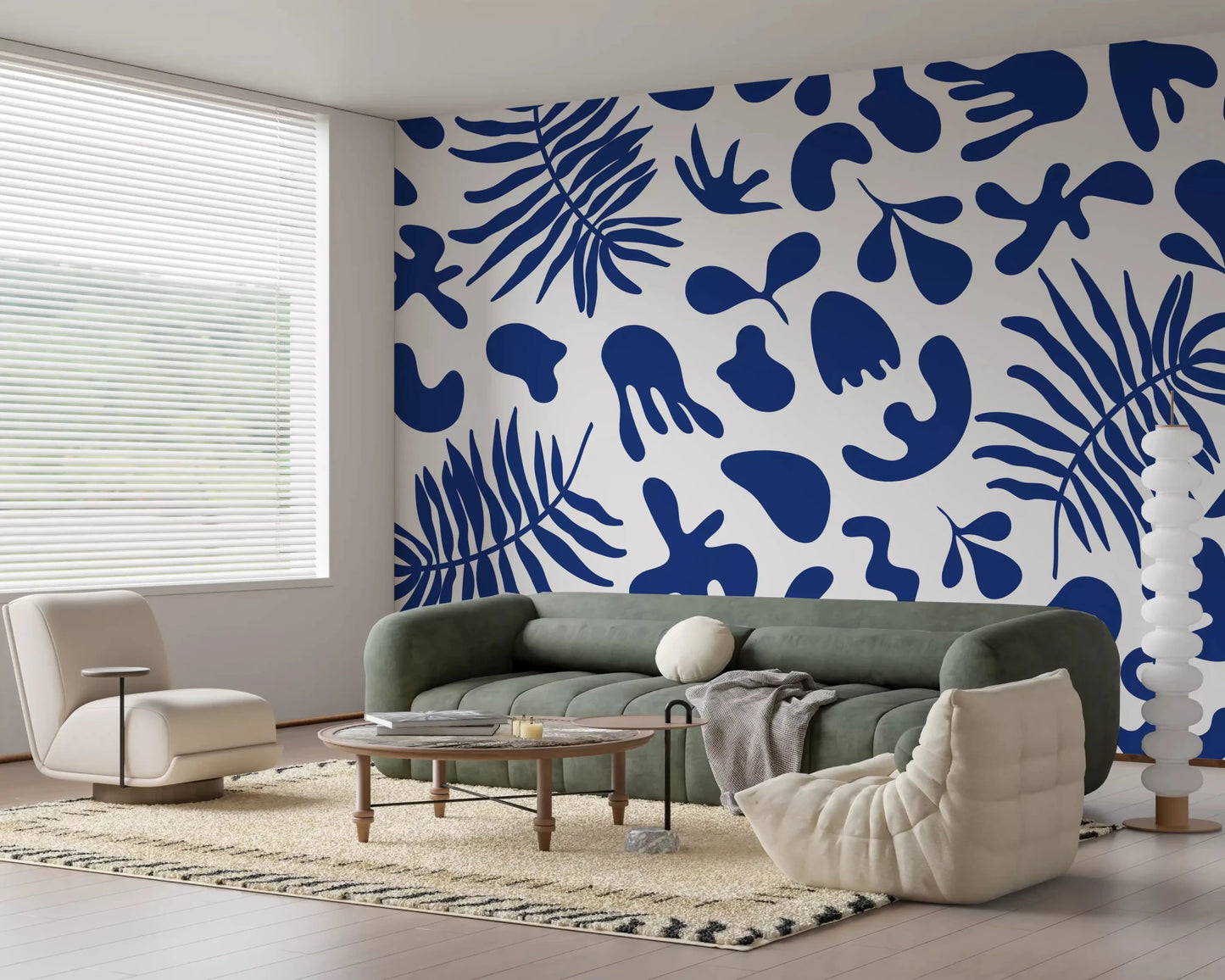 Bold blue clipped wall mural with palm fronds and abstract garden silhouettes