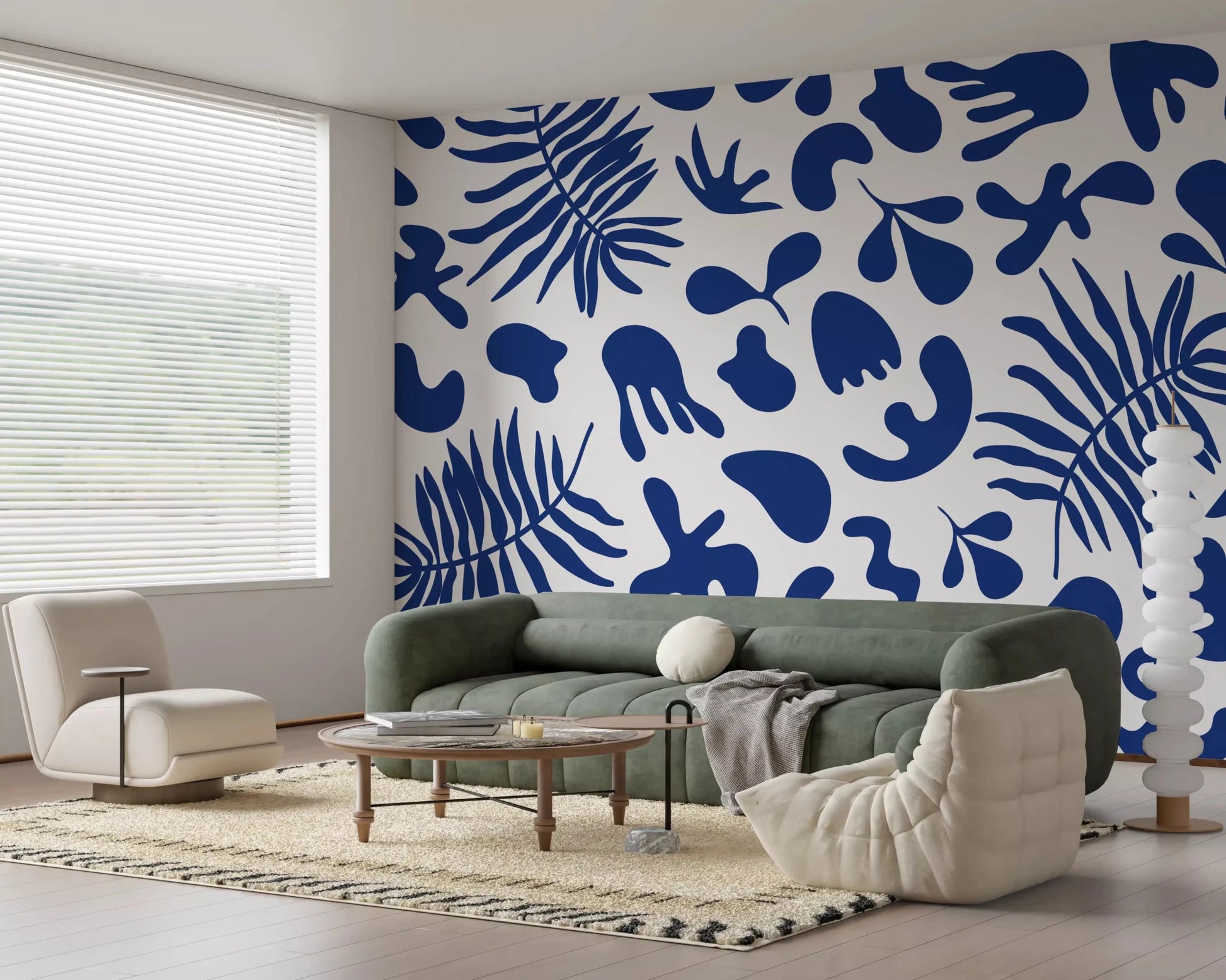 Bold blue clipped wall mural with palm fronds and abstract garden silhouettes