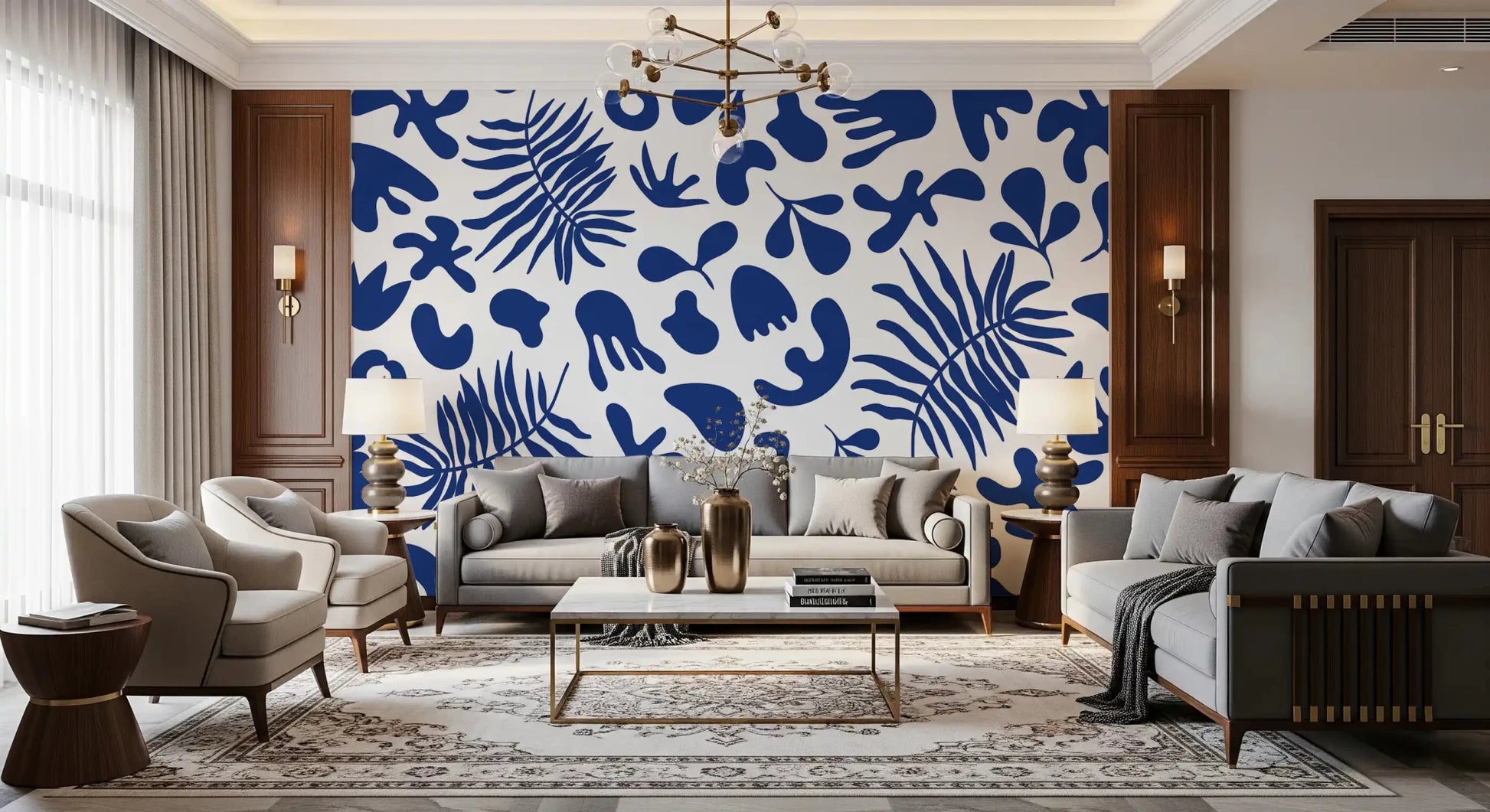 Hallway featuring clipped garden wall mural in blue abstract botanical shapes