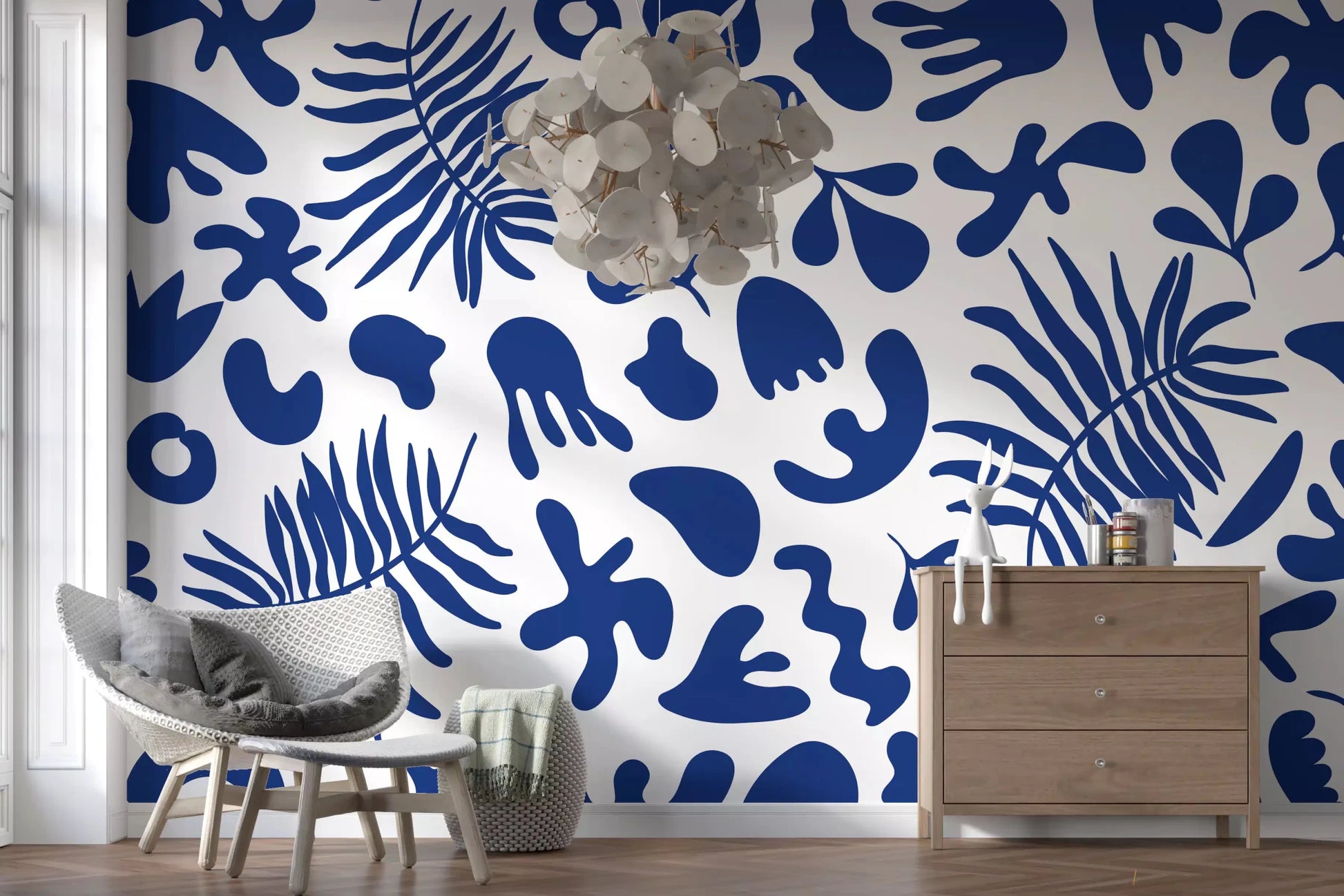 Modern blue garden wall mural with organic leaf shapes and crisp contrast