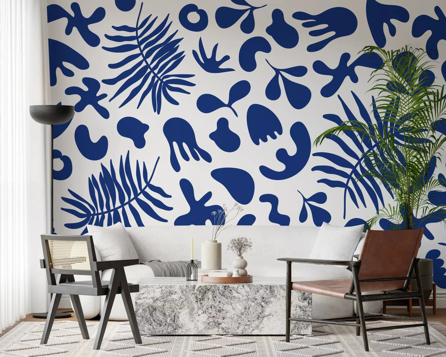 Office room with Blue Garden wall mural and modern white contrast pattern