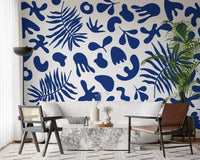Office room with Blue Garden wall mural and modern white contrast pattern