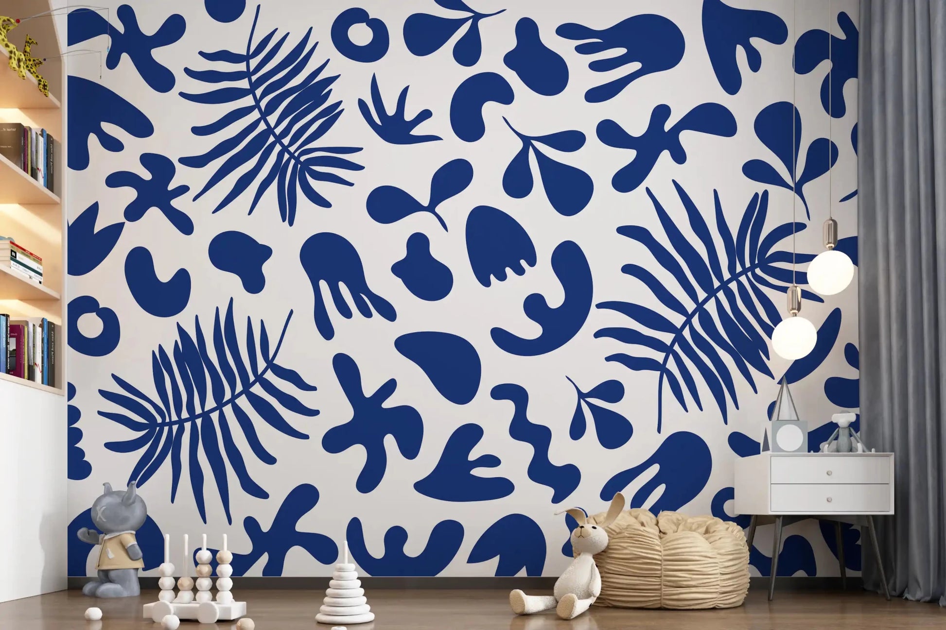 White and cobalt wall mural with clipped garden motifs and artistic movement