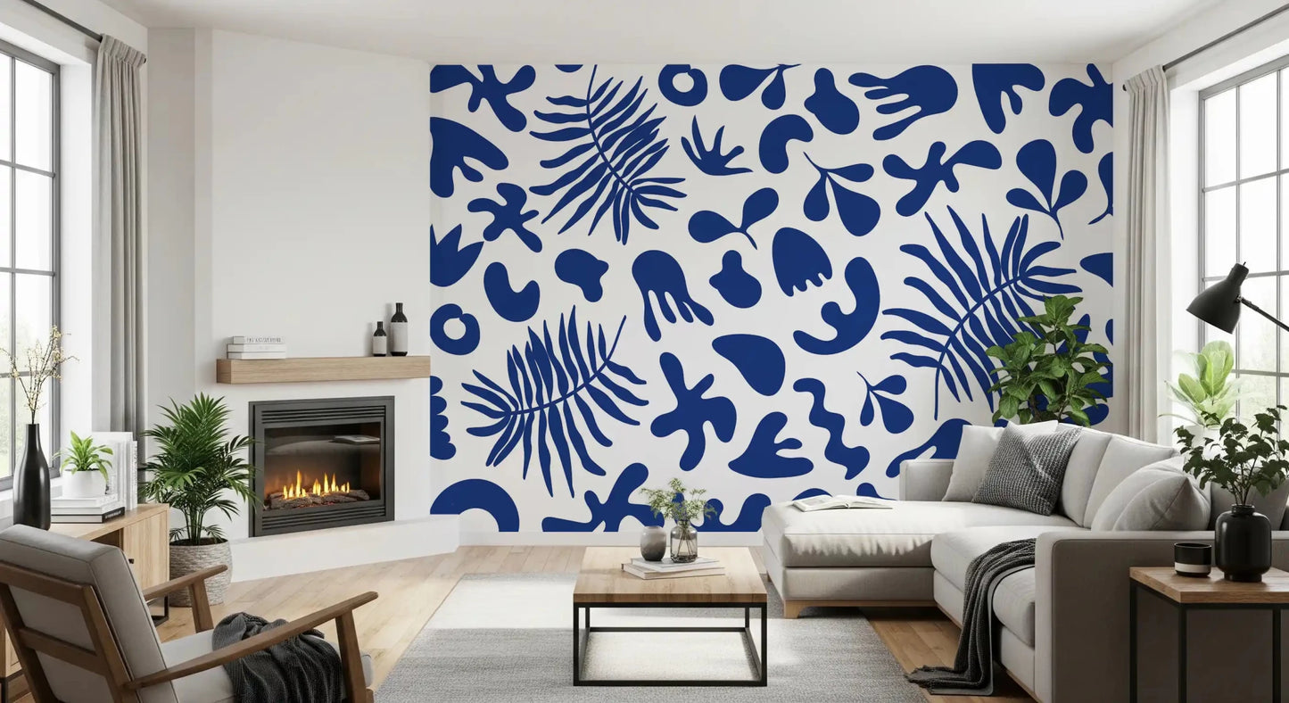 Living room styled with Blue Clipped Garden wall mural and cobalt leaf forms