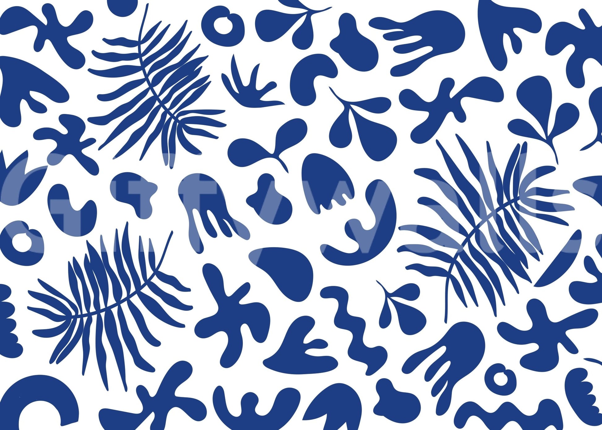 Blue Clipped Garden wall mural with paper-cut shapes and leafy rhythm