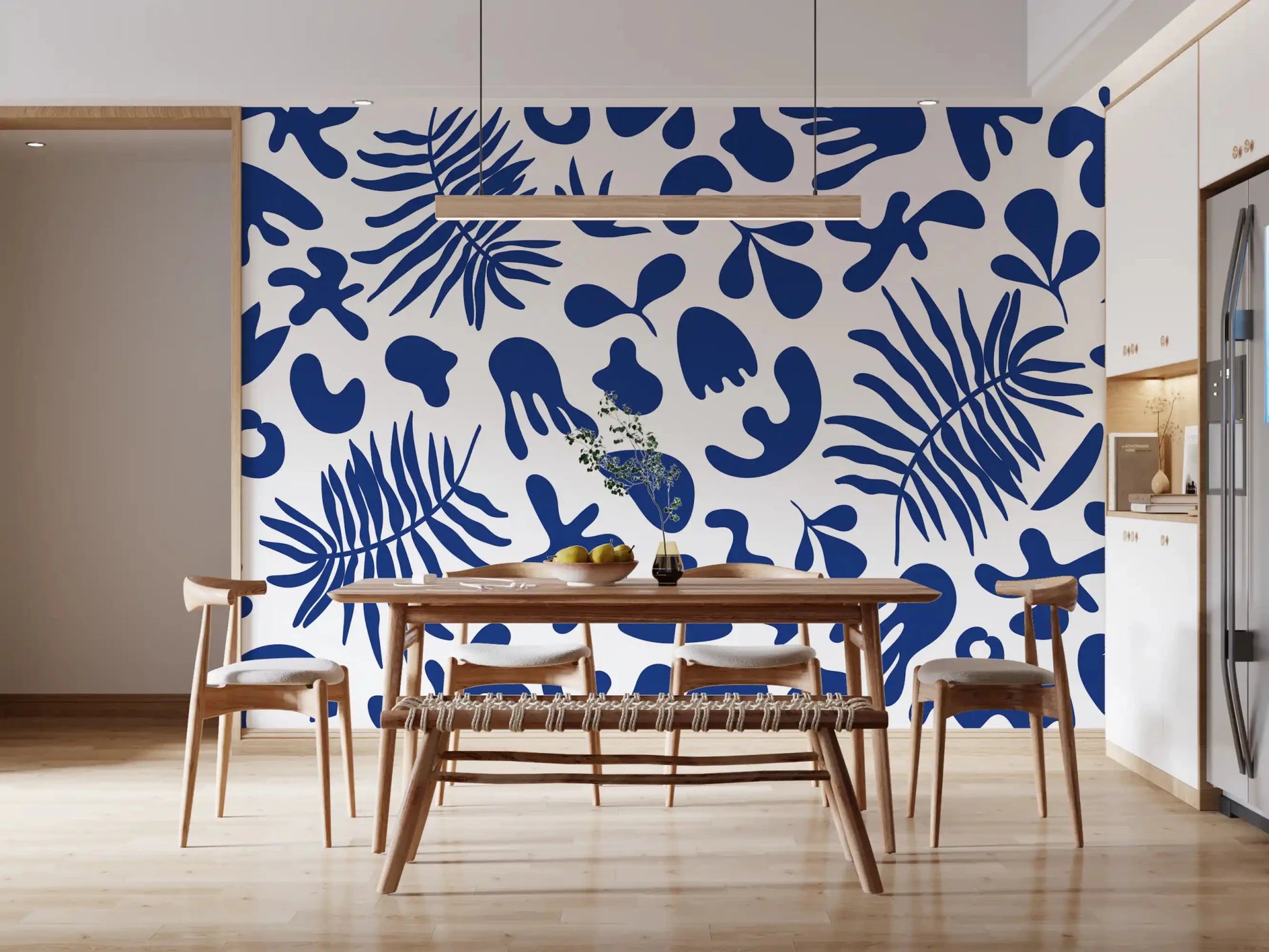 Botanical cutout wall mural in deep blue with clipped garden styling