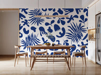 Botanical cutout wall mural in deep blue with clipped garden styling
