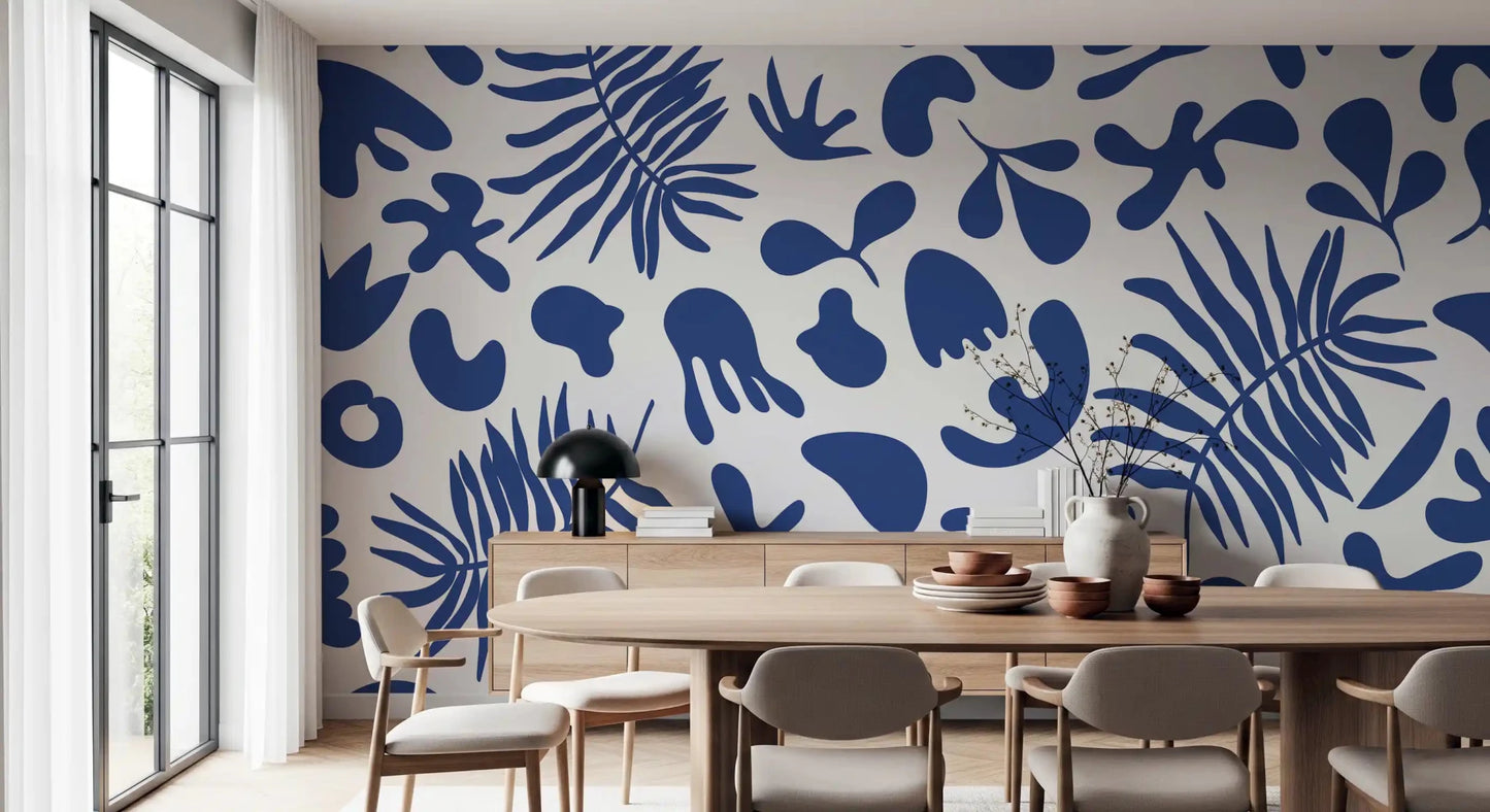 Cobalt clipped garden wall mural on white with playful botanical cutout flow