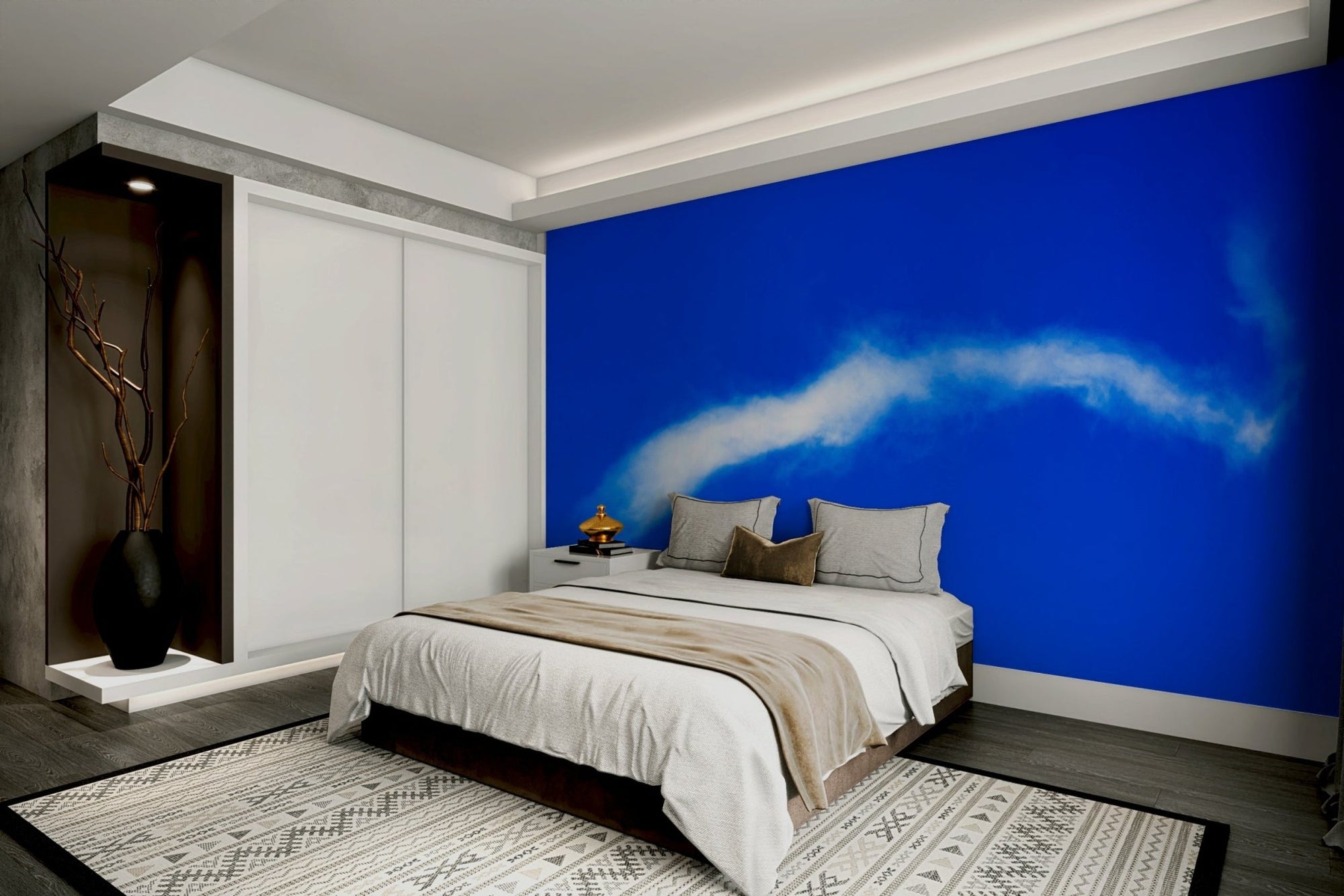 A beautiful blue sky wallpaper mural with soft clouds., GD4858