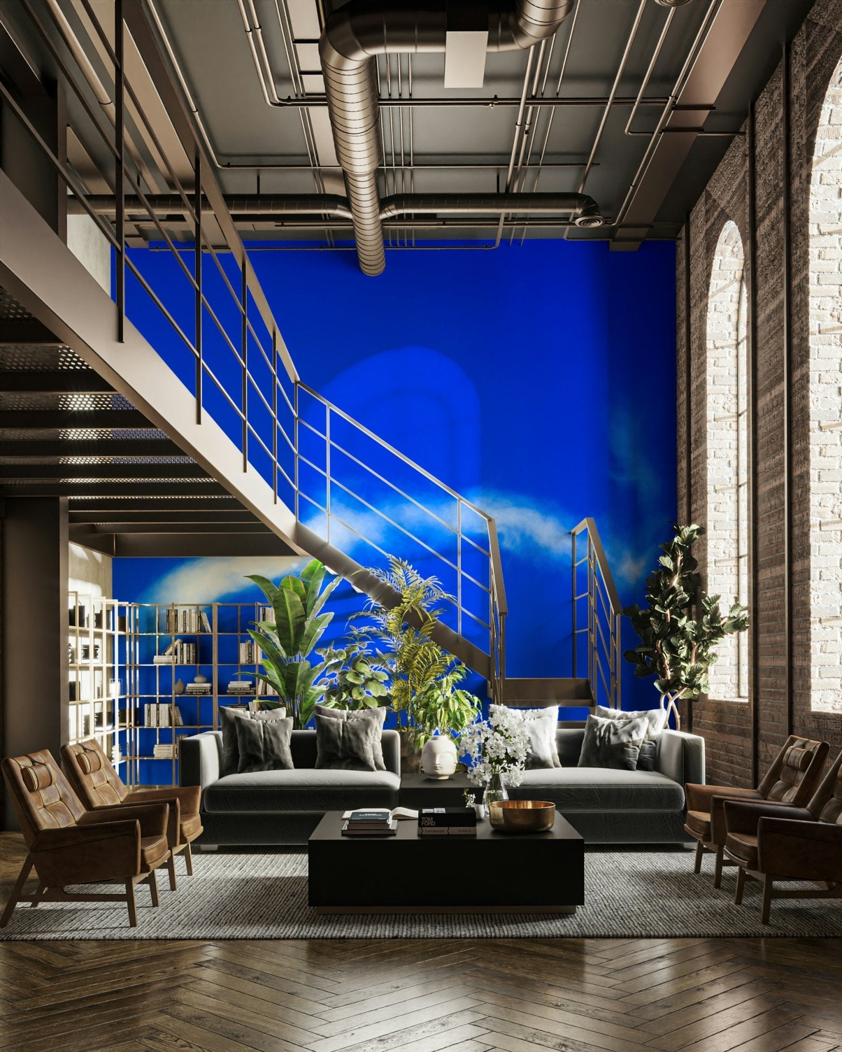 An artistic dreamy sky mural on minimalist wallpaper.

