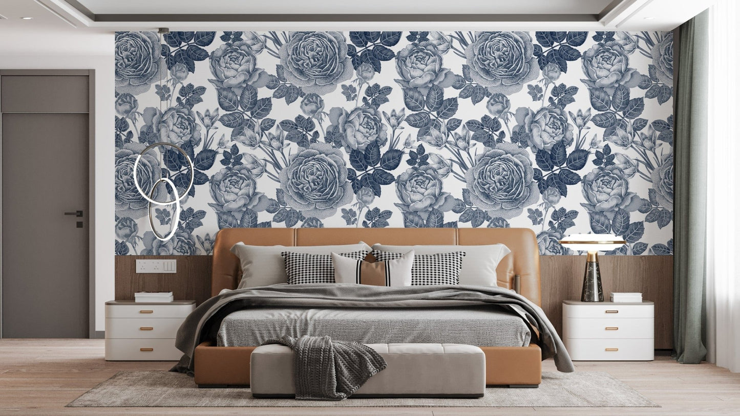 Elegant blue floral pattern wallpaper

