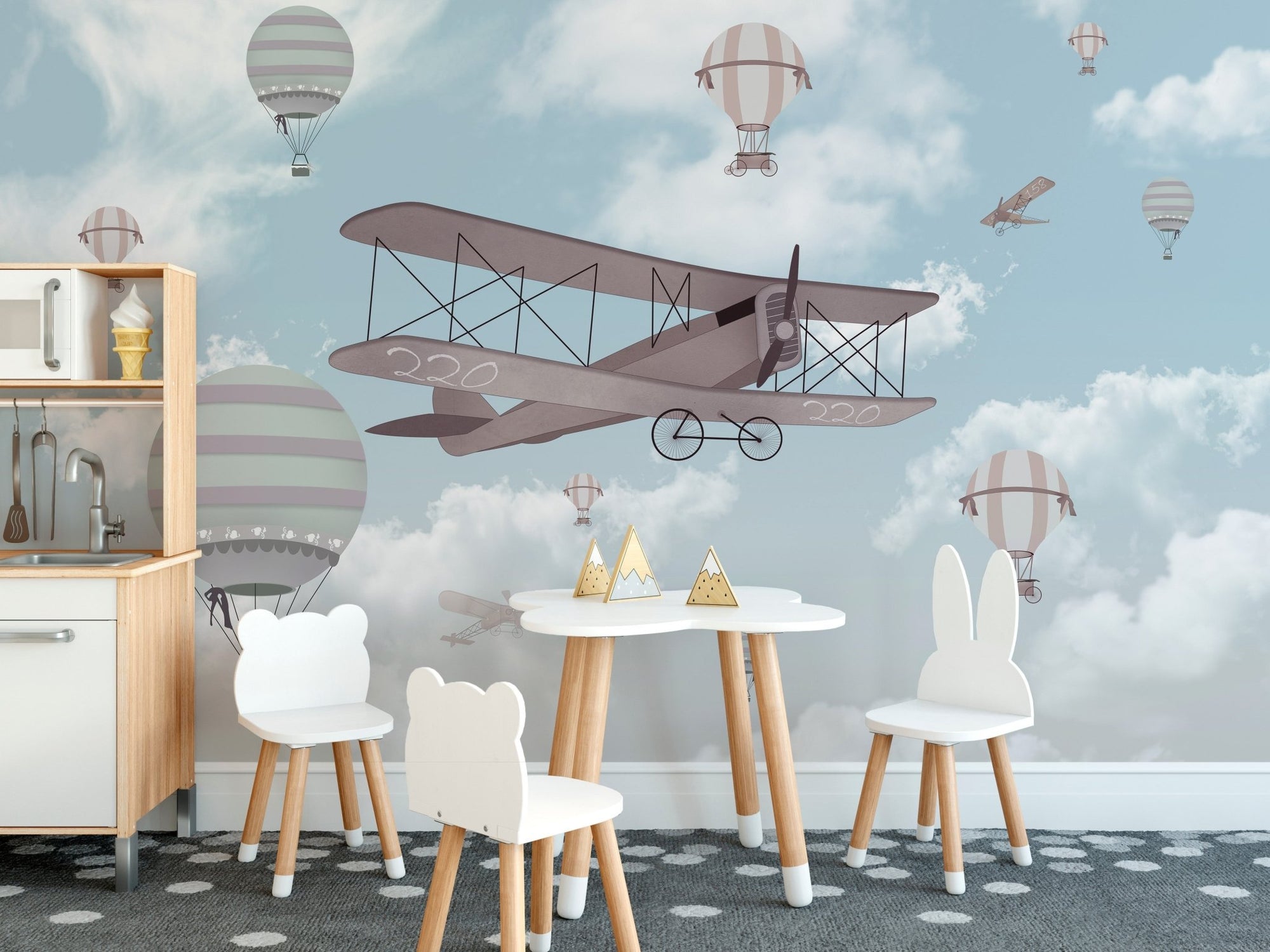 Biplane in sky wallpaper with vintage vibes A895