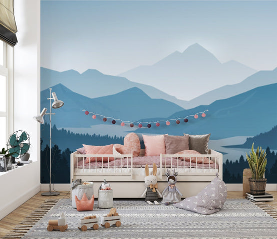 Blue foggy forest mountain wallpaper mural for walls A654
