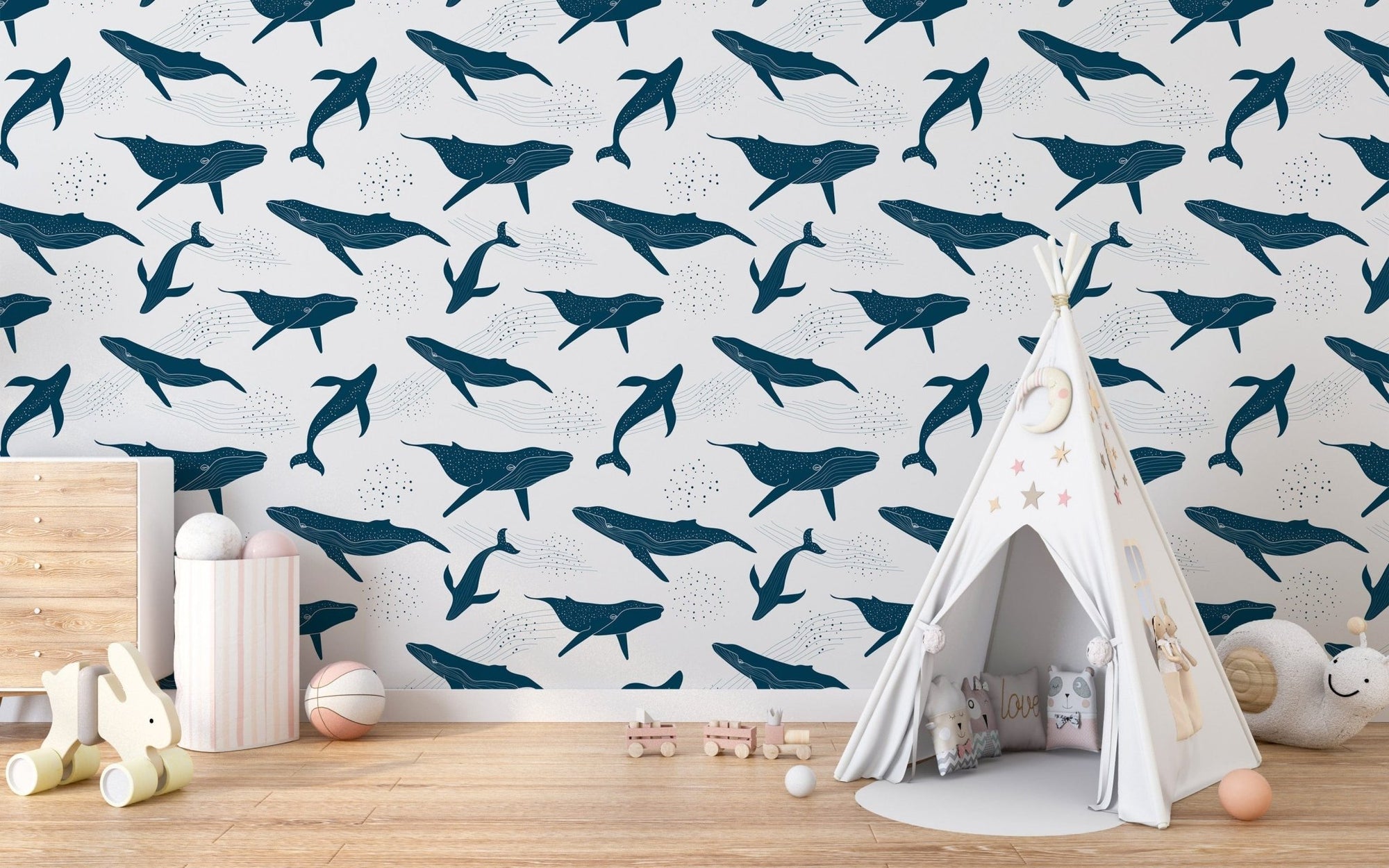 Elegant monochrome blue whale wallpaper B032
