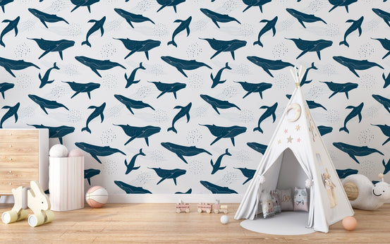 Elegant monochrome blue whale wallpaper B032