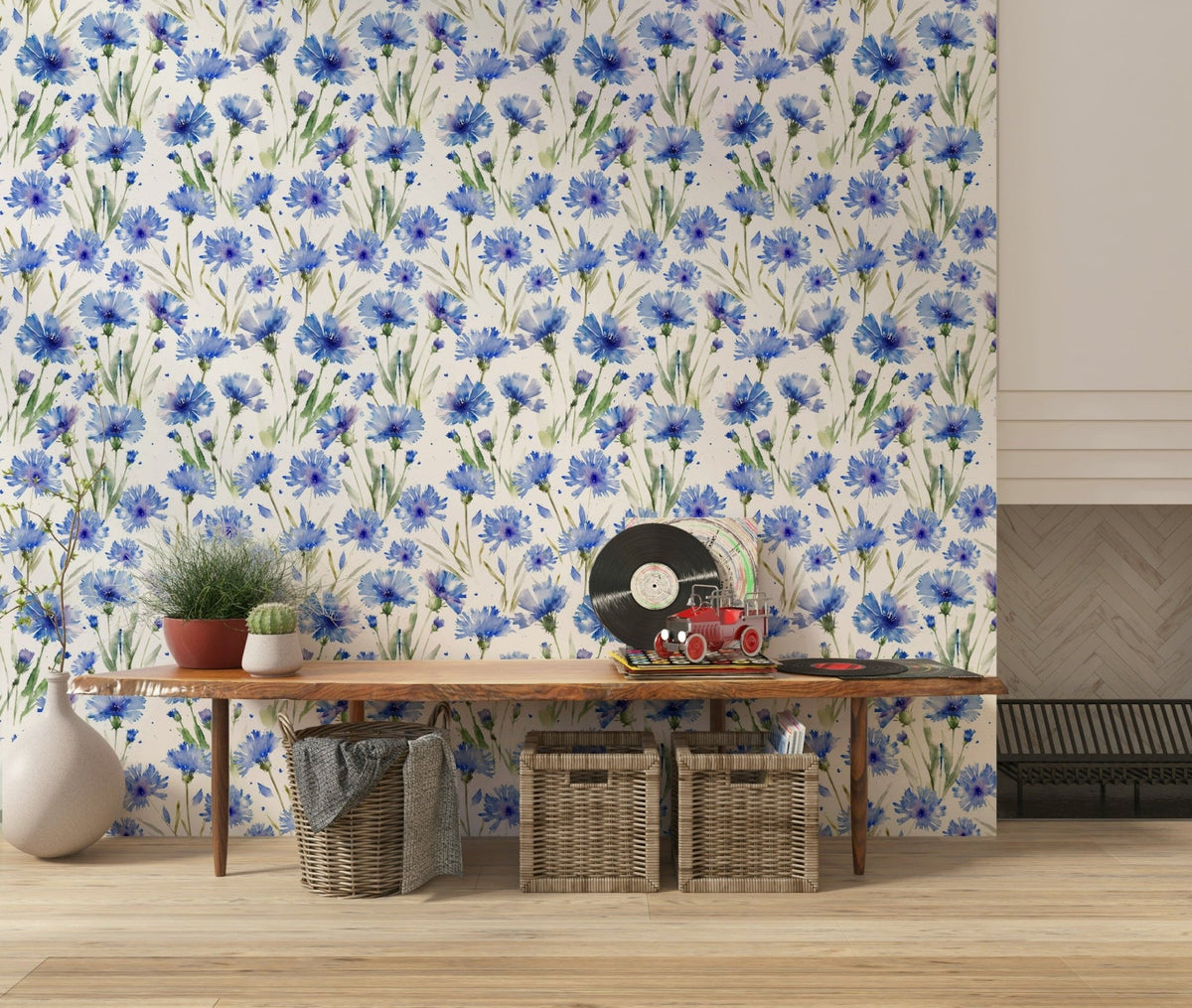 Blue Cornflower Dream Wallpaper with watercolor blue blooms GD7348
