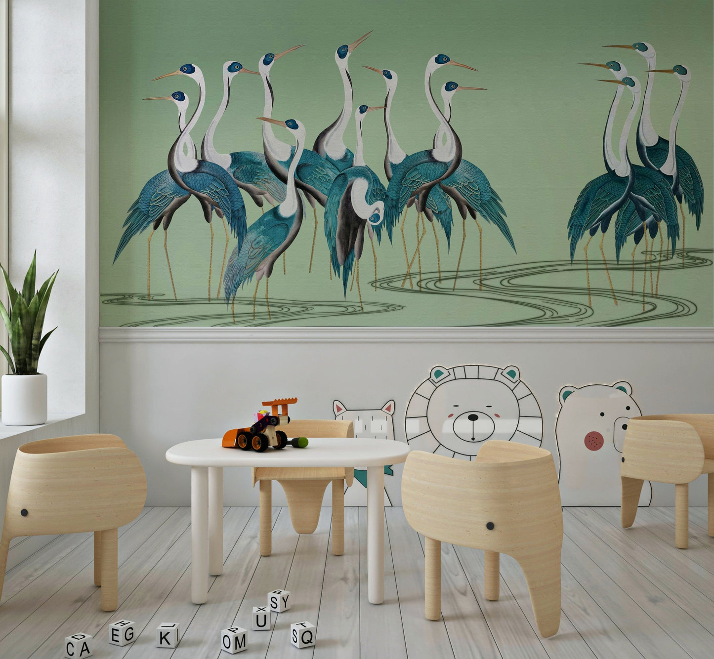 Traditional dining space decorated with Crane Chorus wallpaper in soft tones.