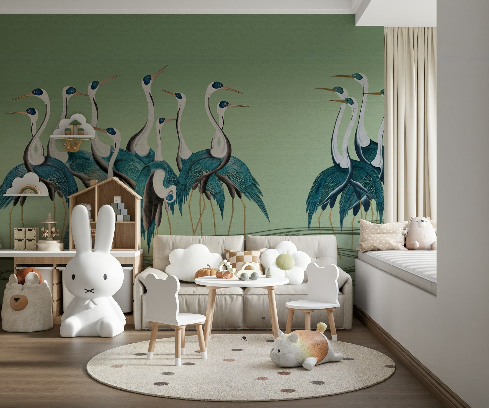 Crane Chorus wall mural applied in a spacious hallway with ambient lighting.