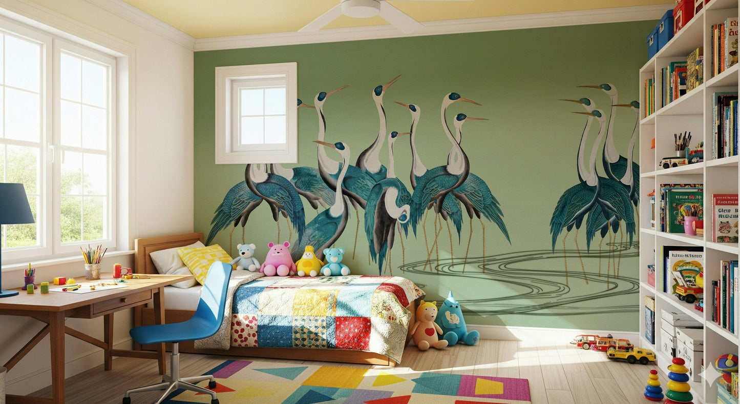 Crane Chorus wall mural in a home office with natural wooden furniture.