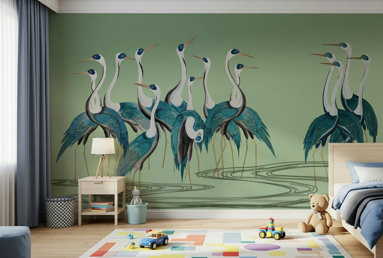 Crane Chorus wall mural in a modern living room with a beige sofa.