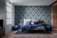 Royal blue damask wallpaper mural elegance
