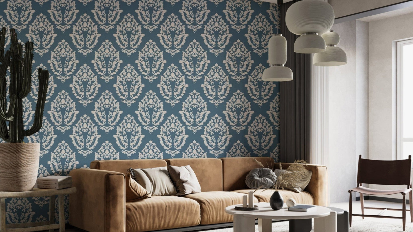 Intricate damask pattern wallpaper in blue
