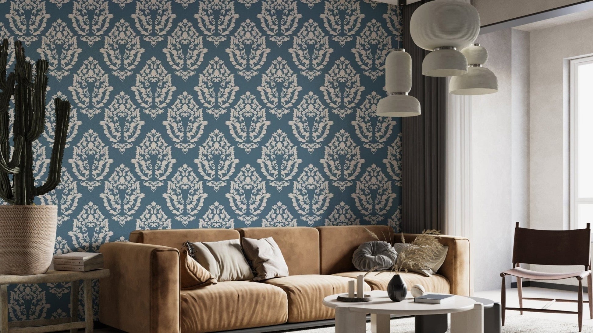 Intricate damask pattern wallpaper in blue
