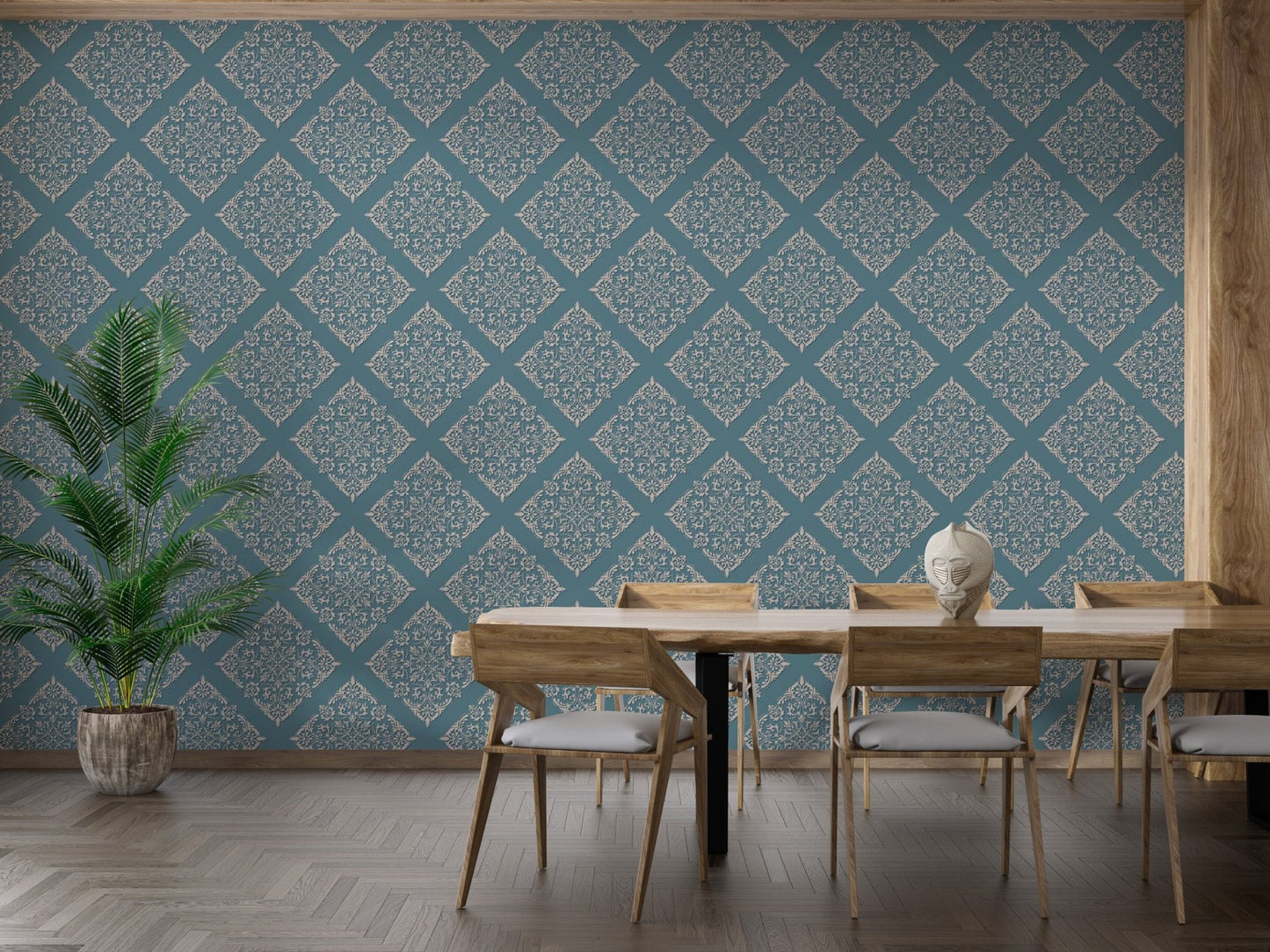 Removable damask wallpaper in blue tones for dining space
