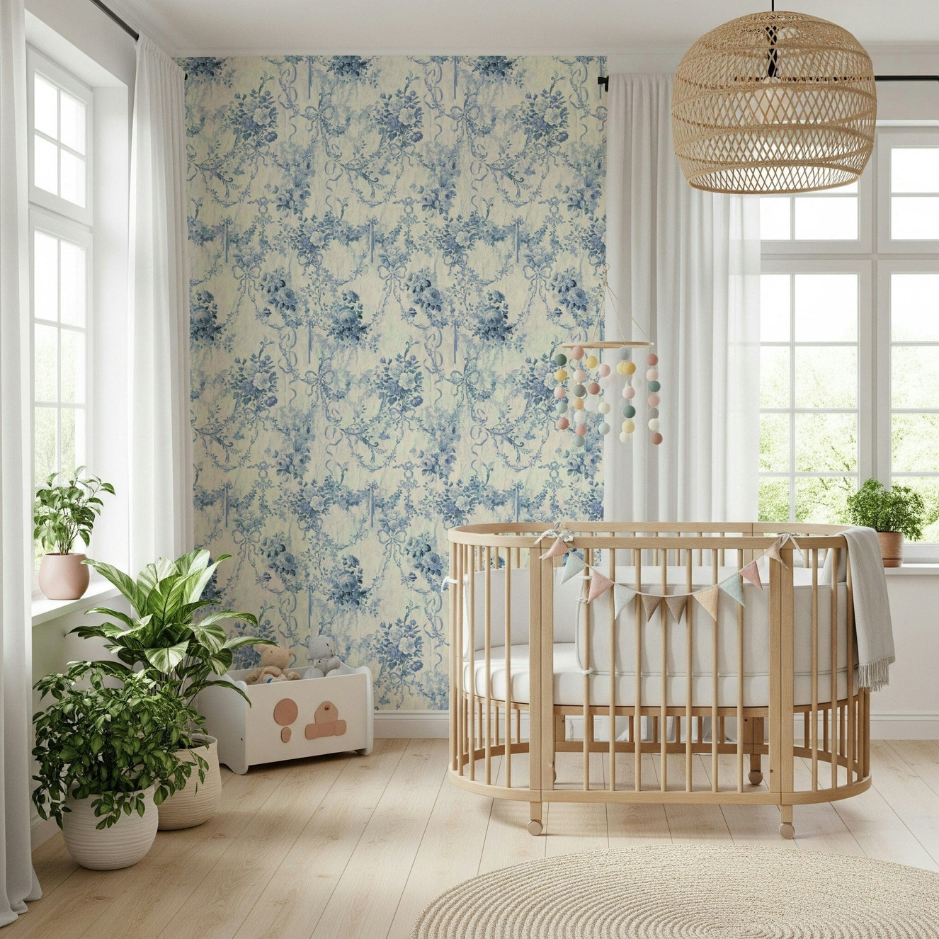 Blue Floral Chinoiserie Charm wallpaper mural, delicate antique blue blooms.