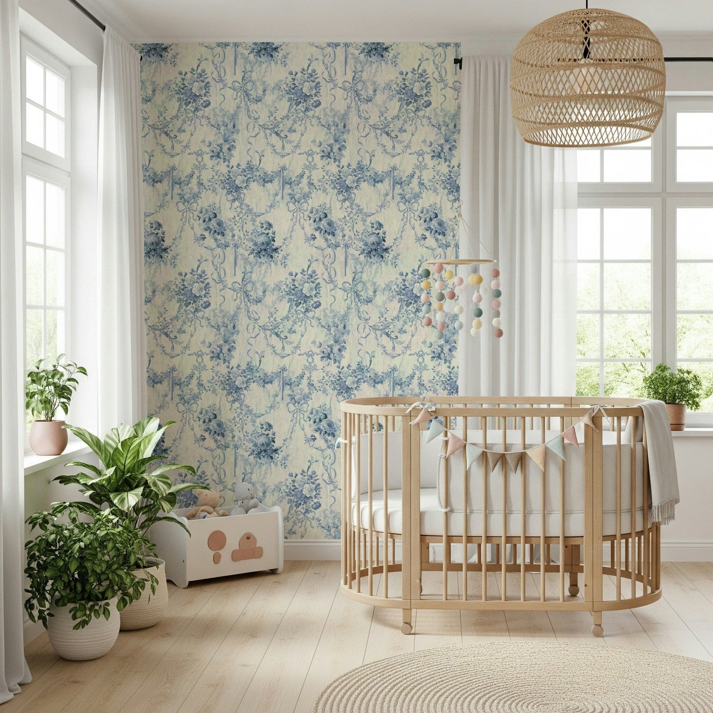 Blue Floral Chinoiserie Charm wallpaper mural, delicate antique blue blooms.