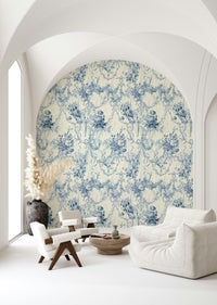 Stunning Blue Floral Chinoiserie Charm wallpaper, majestic blue and white print.