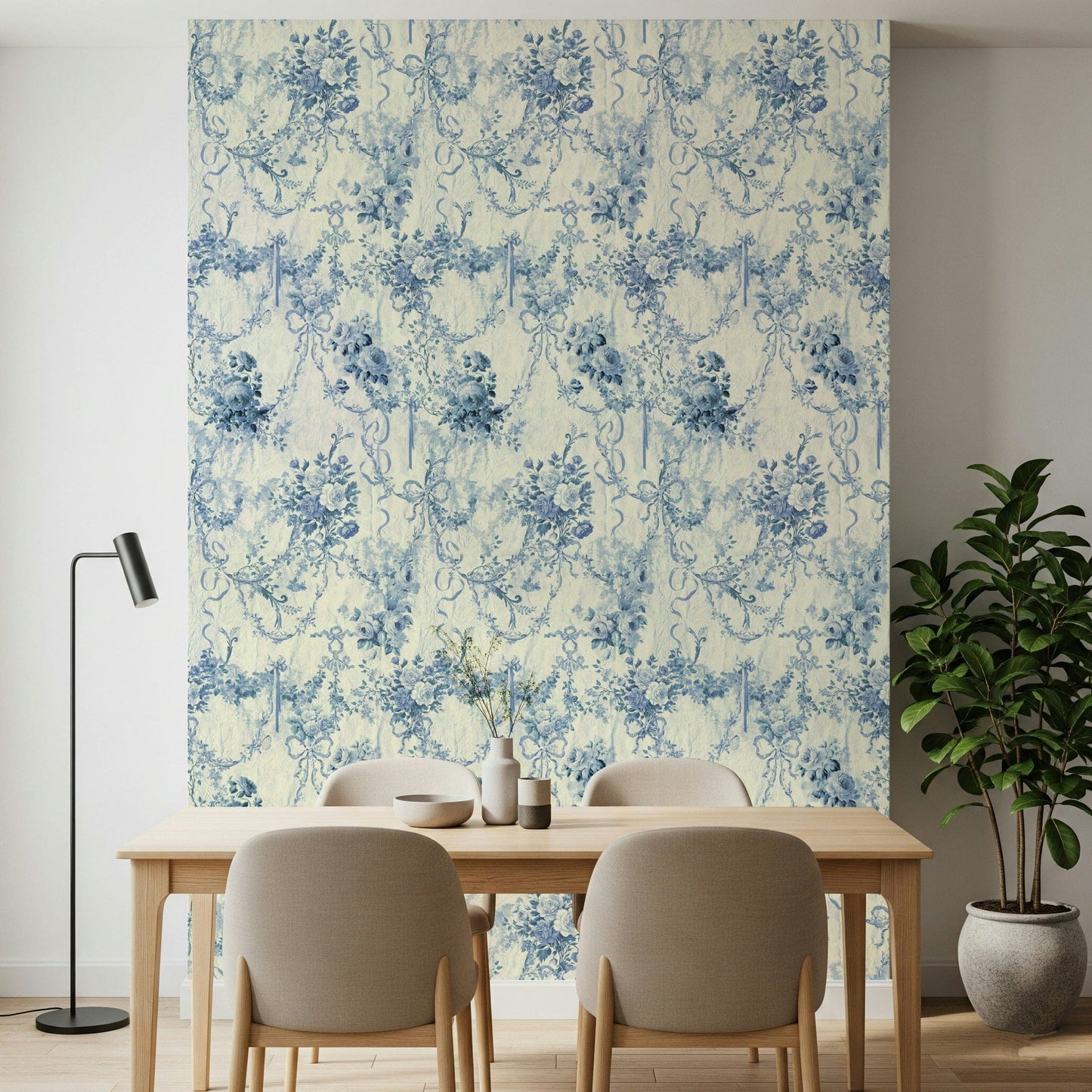 Sophisticated Blue Floral Chinoiserie Charm panel wall covering, serene colors.