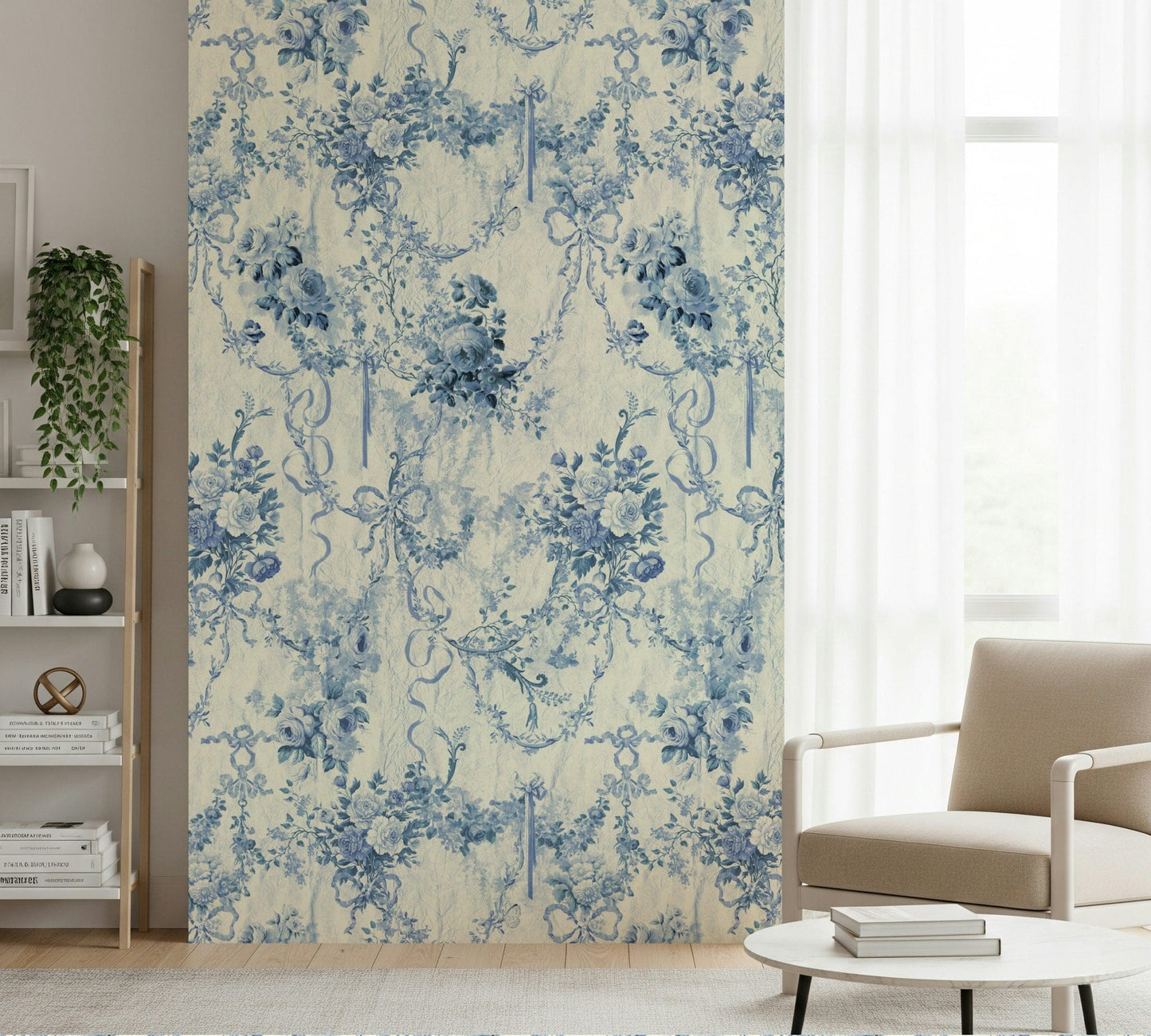Classic Blue Floral Chinoiserie Charm peel and stick wallpaper, lush roses.