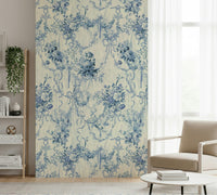 Classic Blue Floral Chinoiserie Charm peel and stick wallpaper, lush roses.
