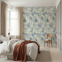 Fanciful Blue Floral Chinoiserie Charm mural, shabby chic finish.