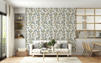 Blue Floral Vines wall mural watercolor botanical pattern cream background living room