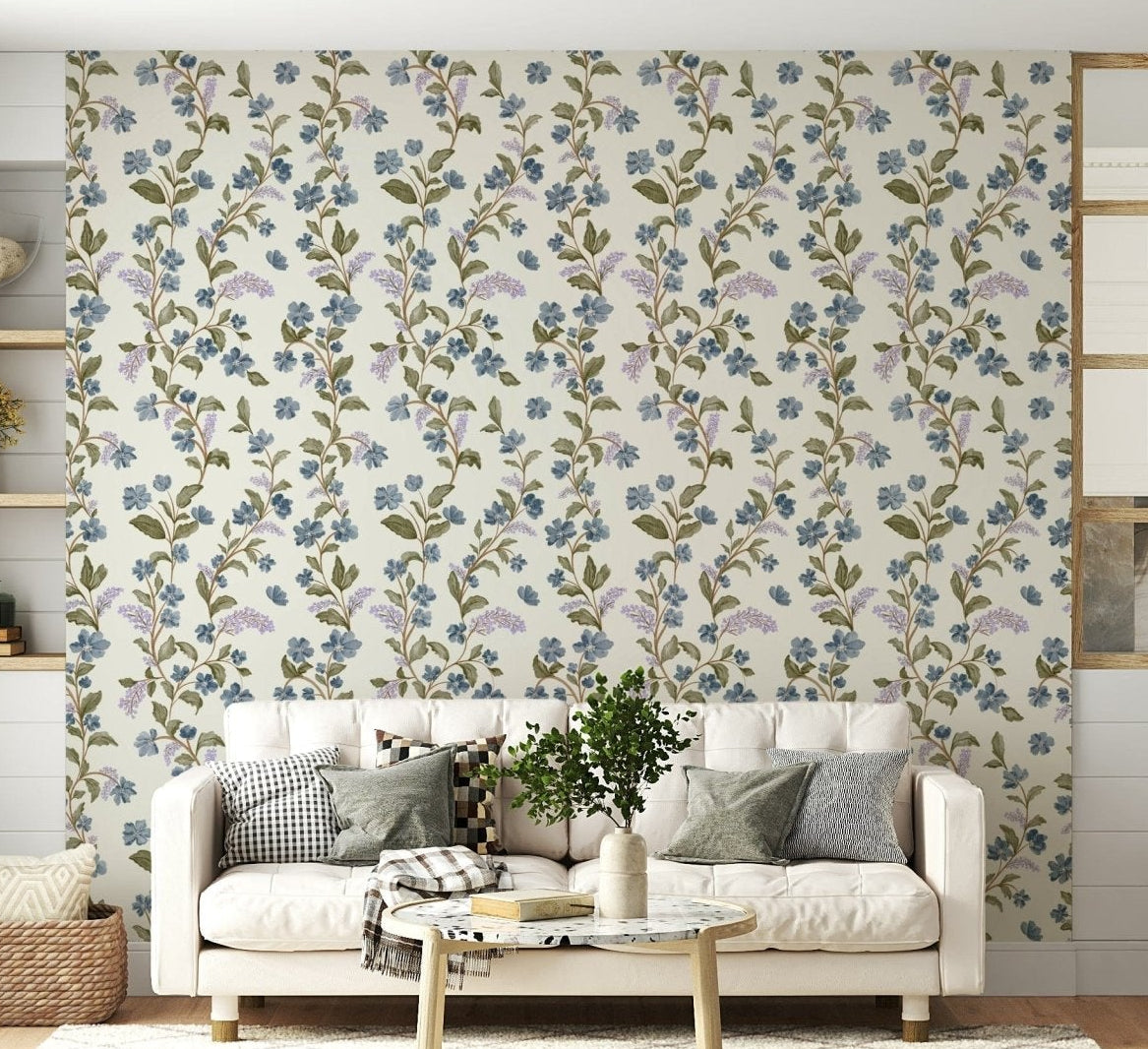 Blue Floral Vines wall mural watercolor botanical pattern cream background living room, GD7037