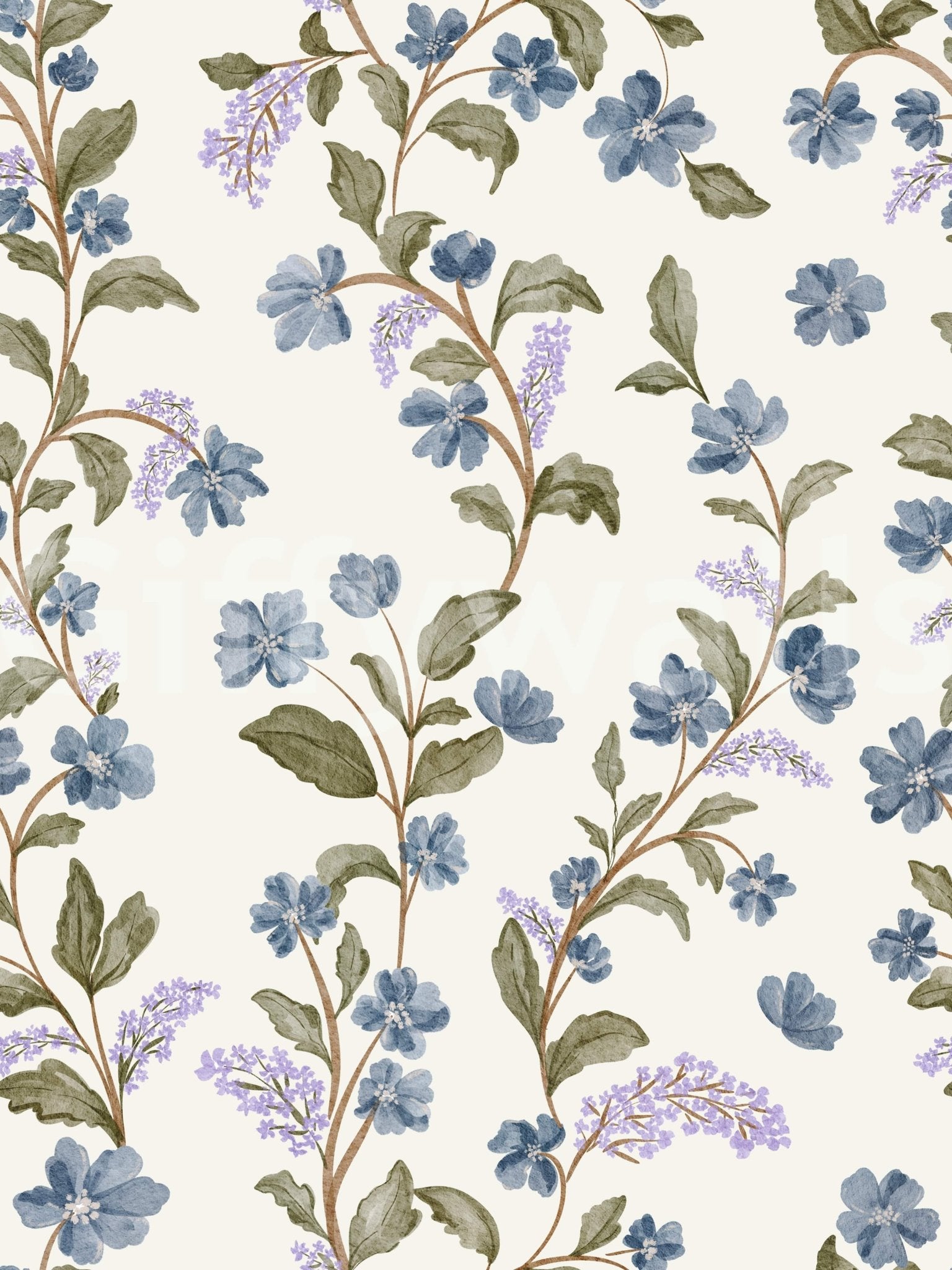 Whimsical bloom Blue Floral Vines custom wallpaper intricate leafy scrollwork pattern