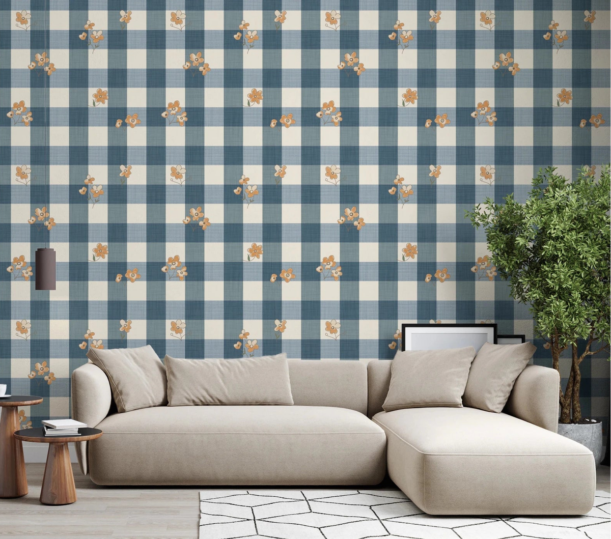Living room styled with Blue Gingham Floral wallpaper and soft cottage checks, GD8705