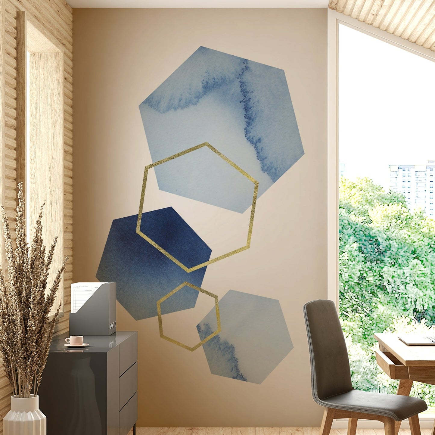 Gold lined blue watercolor wallpaper

