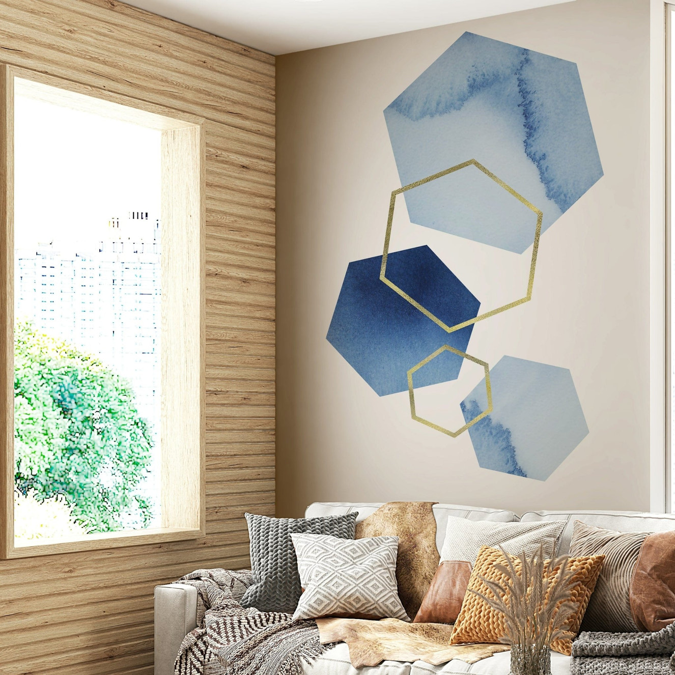 Blue and gold abstract wall mural

