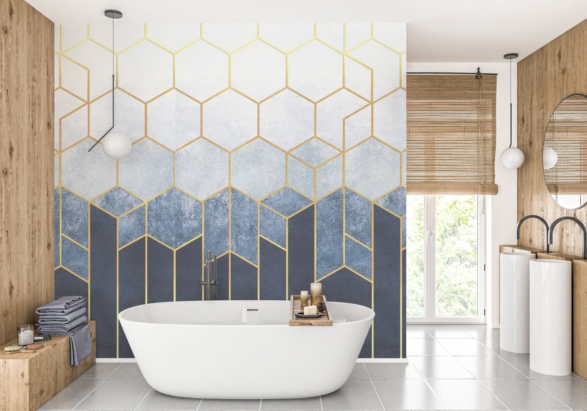 Blue & Gold Hexagonal Pattern Geometric wallpaper Murals - Giffywalls