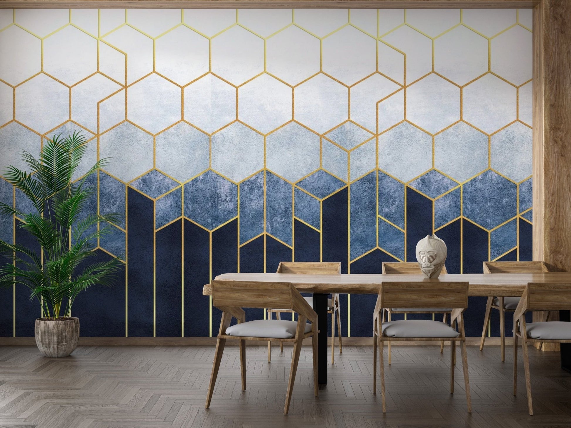 Blue & gold hexagonal pattern mural for walls
