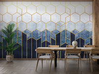 Blue & gold hexagonal pattern mural for walls
