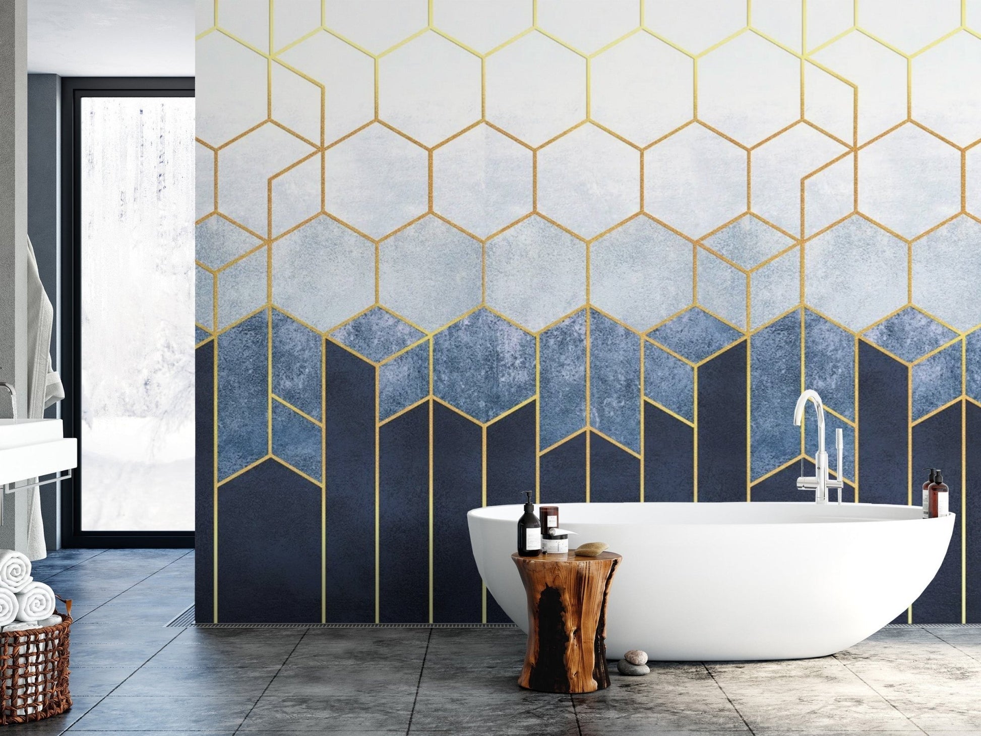Blue & Gold Hexagonal Pattern Geometric wallpaper Murals - Giffywalls