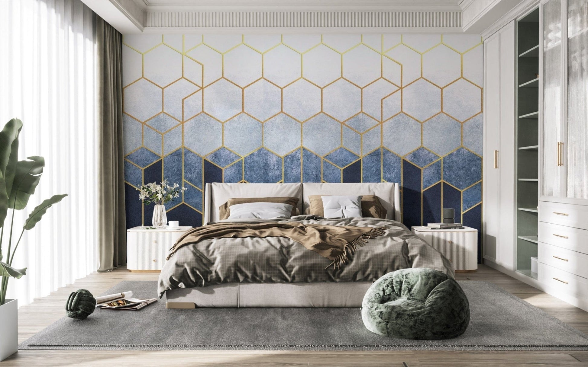 Blue & gold hexagonal geometric wallpaper mural
