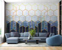 Blue & Gold Hexagonal Pattern Geometric wallpaper Murals - Giffywalls