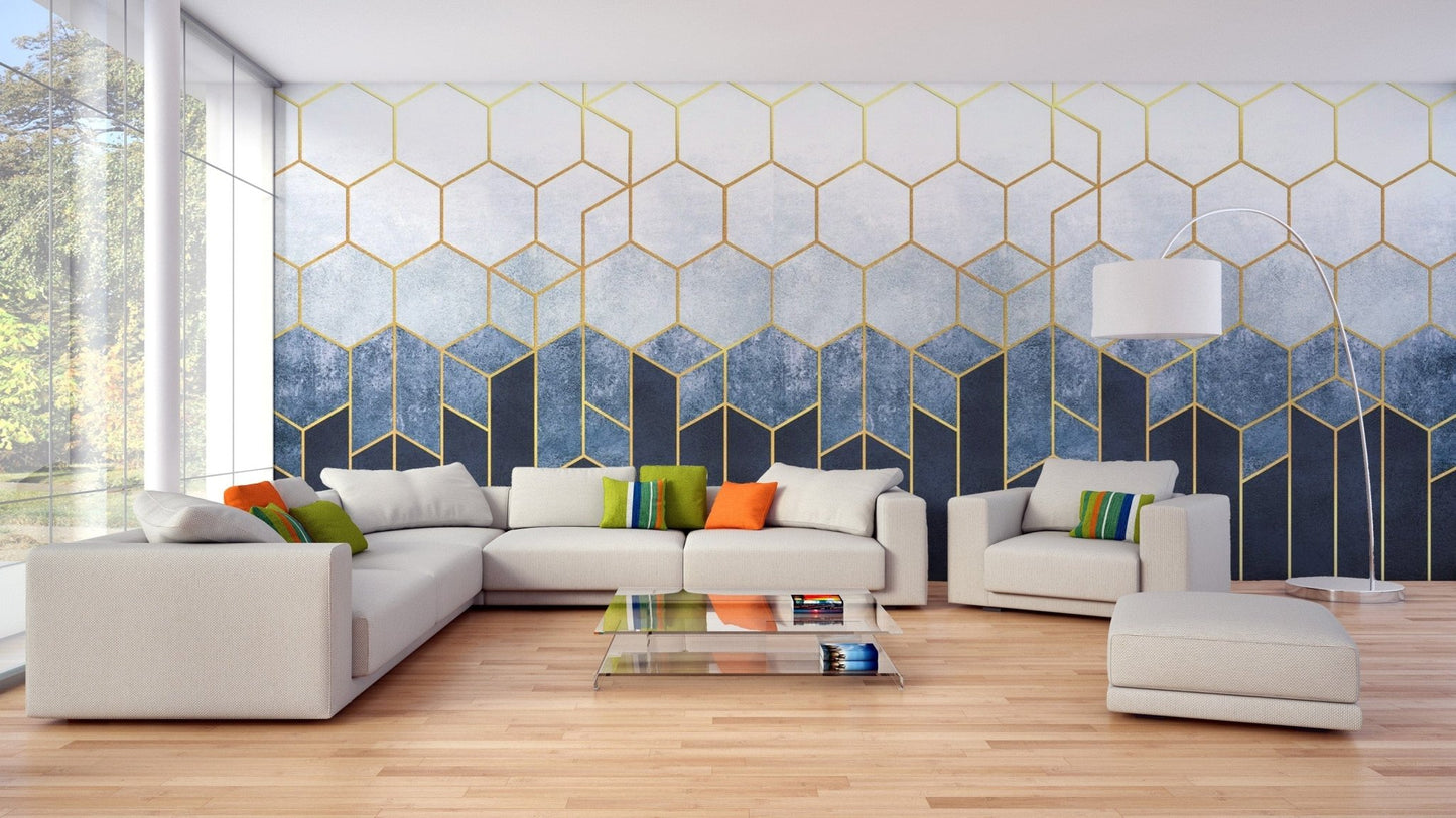 Geometric blue and gold hexagonal pattern mural
