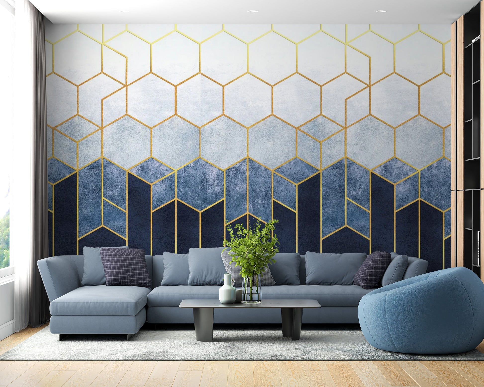 Blue & Gold Hexagonal Pattern Geometric wallpaper Murals - Giffywalls